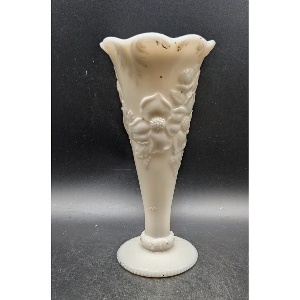 Antique Dithridge Milk Glass Opalescent Floral Trumpet Vase Scalloped Rim Beaded